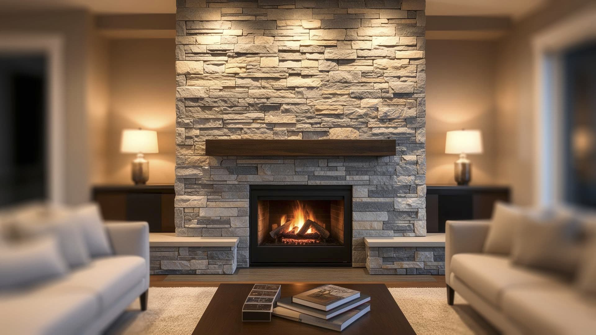 Beautiful stone fireplace surround in modern living room